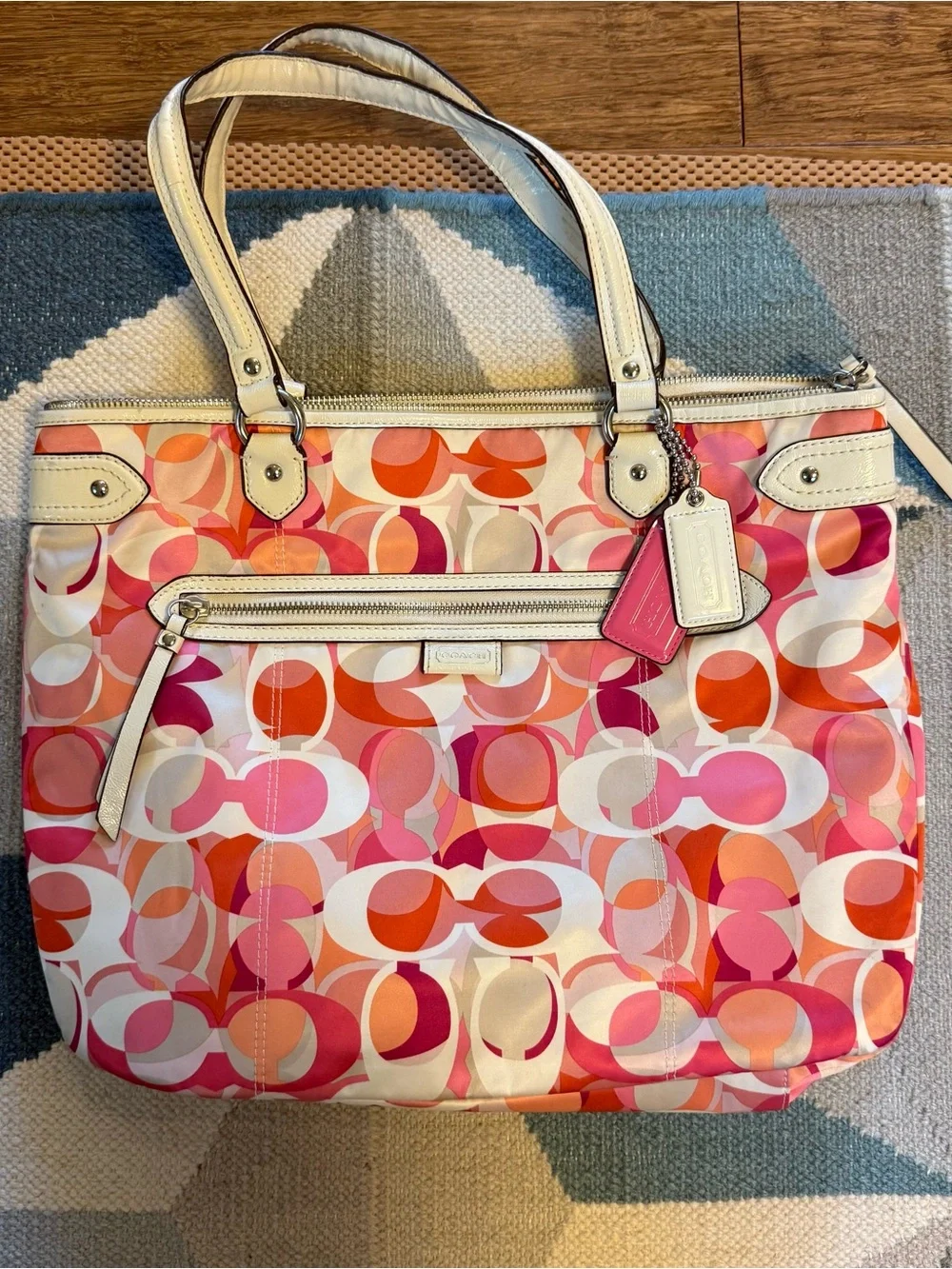 Coach Signature Tote in Pink, Orange & White